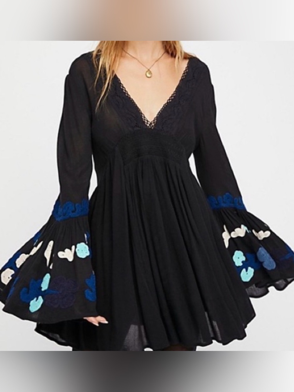 Free People "So In Love" Embroidered Bell Sleeve Mini Dress/Tunic